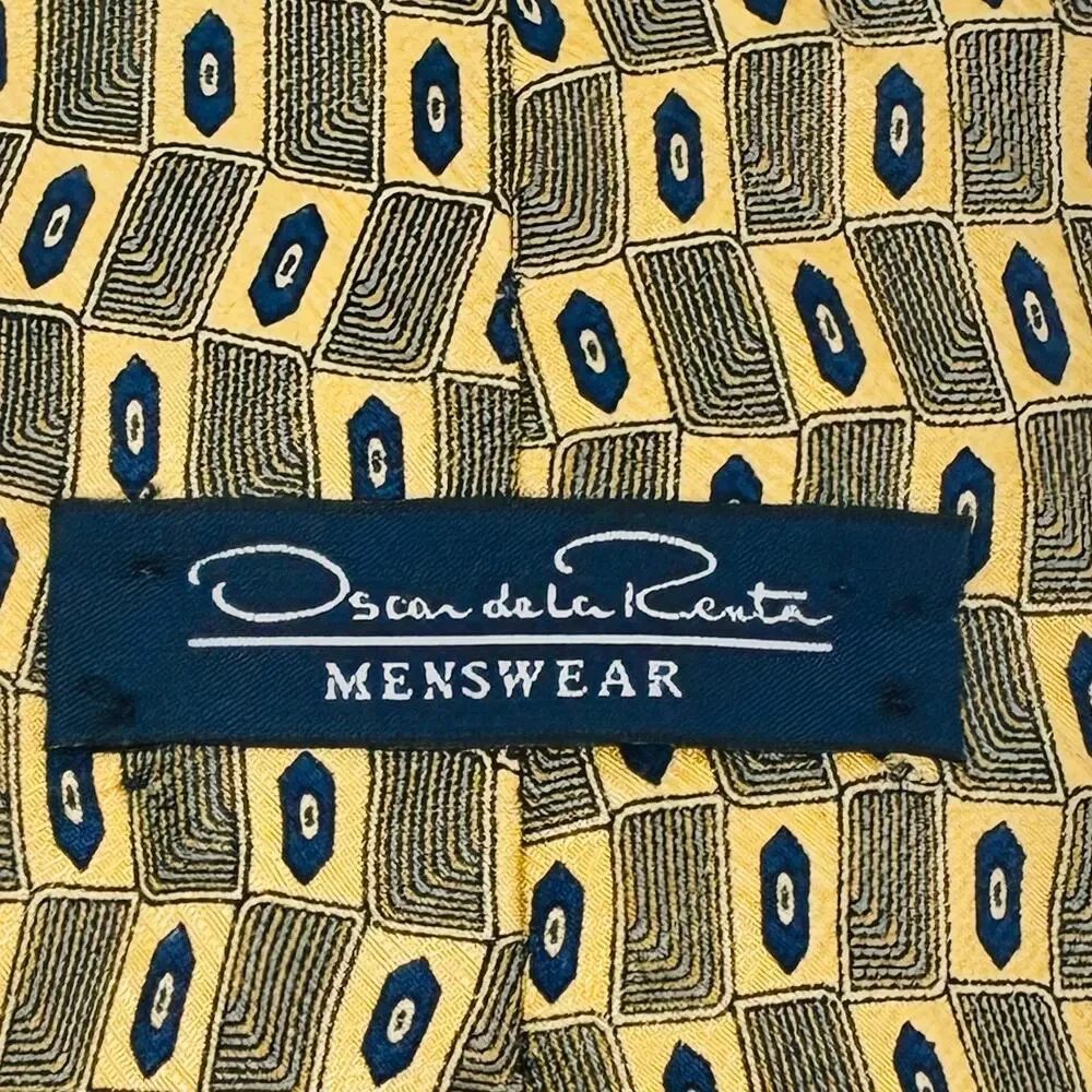 Oscar de la Renta Mens Silk Tie Gold Blue Geometric Squares Classic 3.75x59
